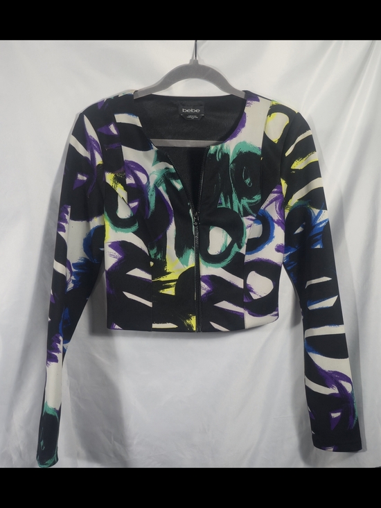 bebe Jackets & Blazers - bebe Black Abstract Multicolor Zip-Front Cropped Top